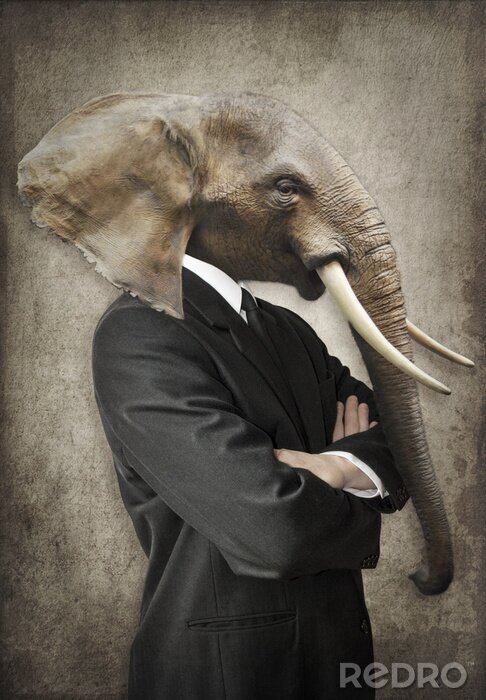 Fotobehang Olifant in een pak. Man met het hoofd van een olifant. Concept grafisch in vintage stijl.