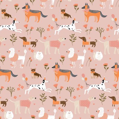 Fotobehang Ontwerp met honden op roze achtergrond