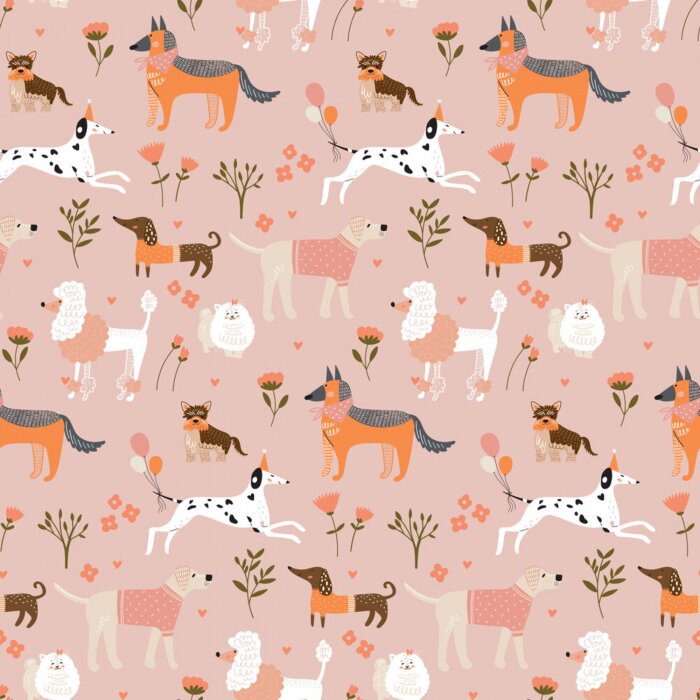 Fotobehang Ontwerp met honden op roze achtergrond