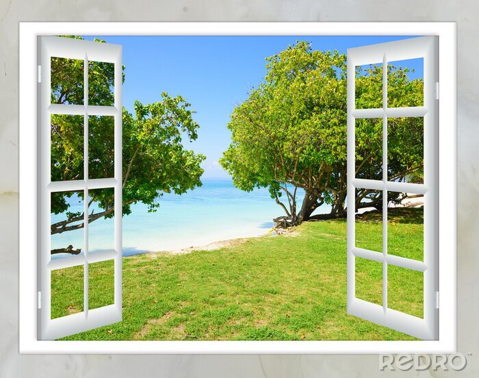 Fotobehang open raam uitzicht op de zee goed weer zomer