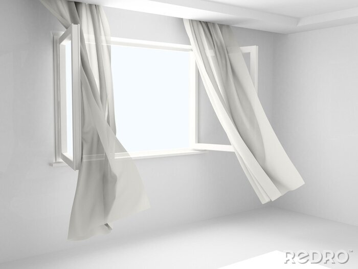 Fotobehang Open venster met gordijnen
