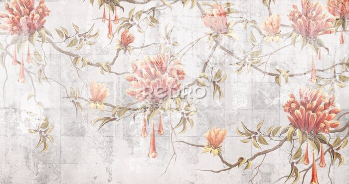 Fotobehang Opknoping bloemen op de textuur van de muur
