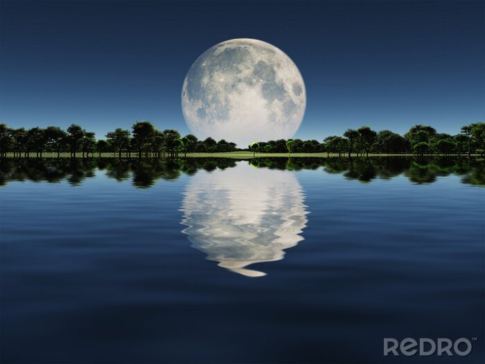Fotobehang Opkomende maan boven het meer