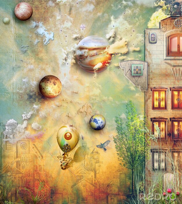 Fotobehang oude hemel met vuur ballon