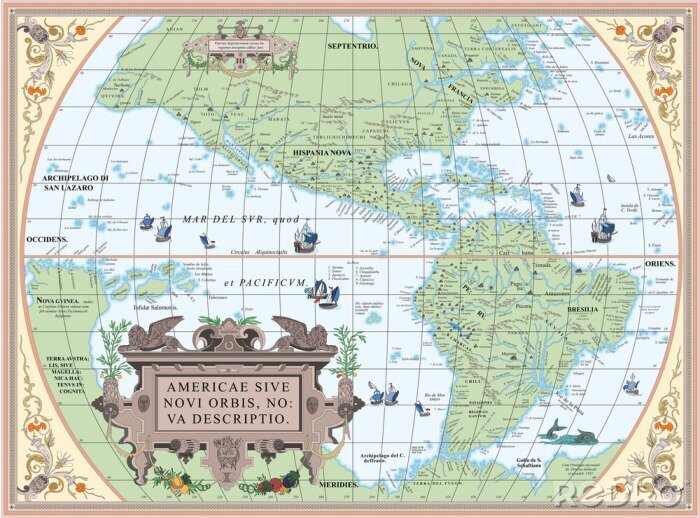 Fotobehang Oude kaart van Noord- en Zuid-Amerika