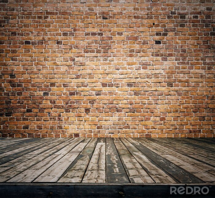 Fotobehang Oude parketvloer voor een bakstenen muur
