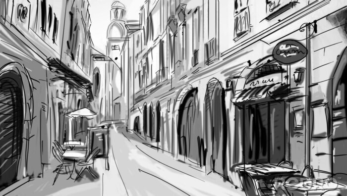 Fotobehang oude stad - illustratie schets