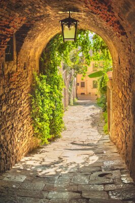 Fotobehang Oude straten van de middeleeuwse Toscaanse stad een groen.