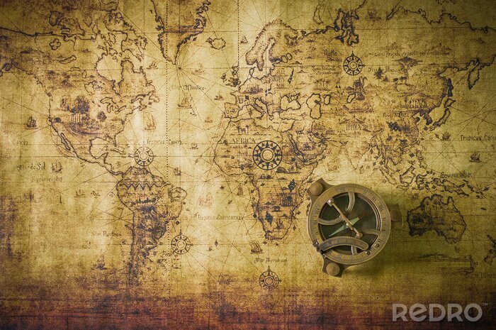 Fotobehang Oude wereldkaart en kompas
