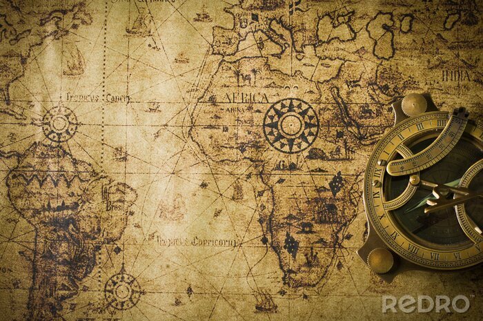 Fotobehang Oude wereldkaart met kompas