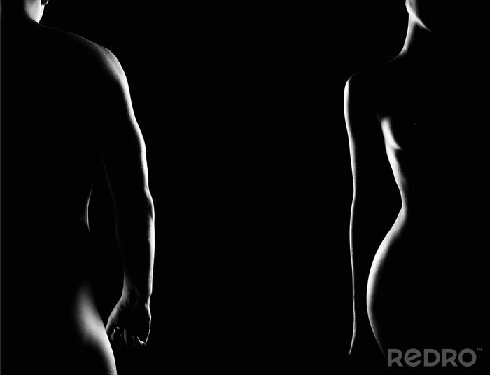 Fotobehang Paar. Vrouwelijke en mannelijke naakt silhouetten
