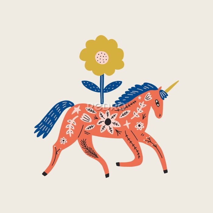Fotobehang Paard en bloem scandi illustratie