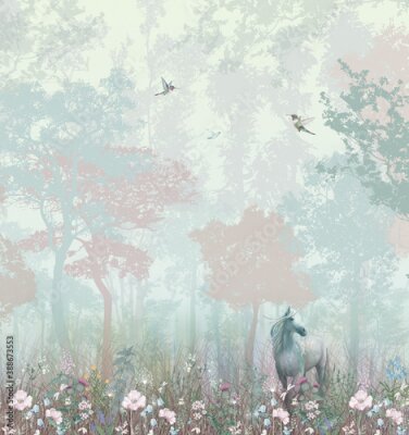 Fotobehang Paard in een weide met bomen op de achtergrond, abstract