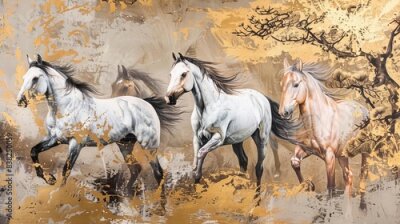 Fotobehang Paarden in een dynamische compositie met gouden vlekken