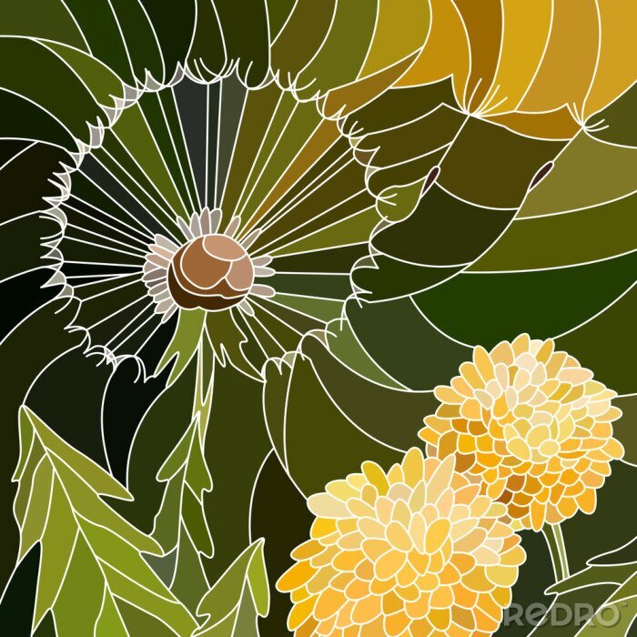 Fotobehang Paardenbloem en planten in een grafische vorm