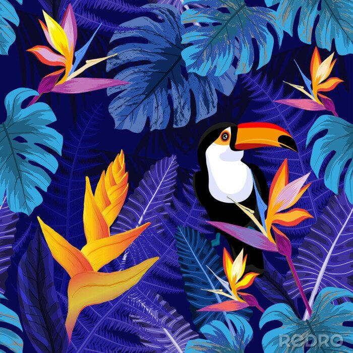 Fotobehang Paars motief van toekans en exotische bloemen