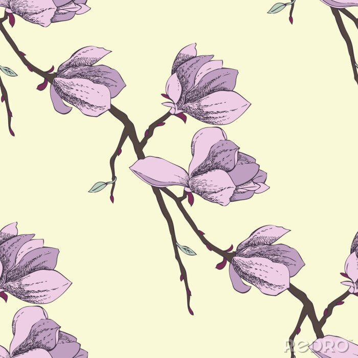 Fotobehang Paarse magnolia's in een grafisch ontwerp