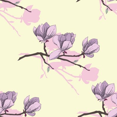 Fotobehang Paarse magnolia's op een grafisch motief