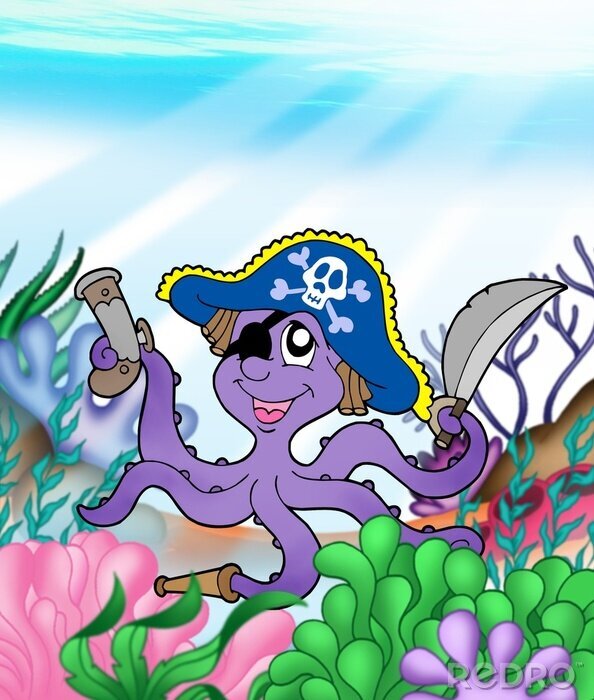 Fotobehang Paarse piratenoctopus met een ooglapje