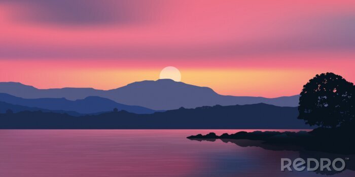 Fotobehang Paarse zonsondergang en landschap