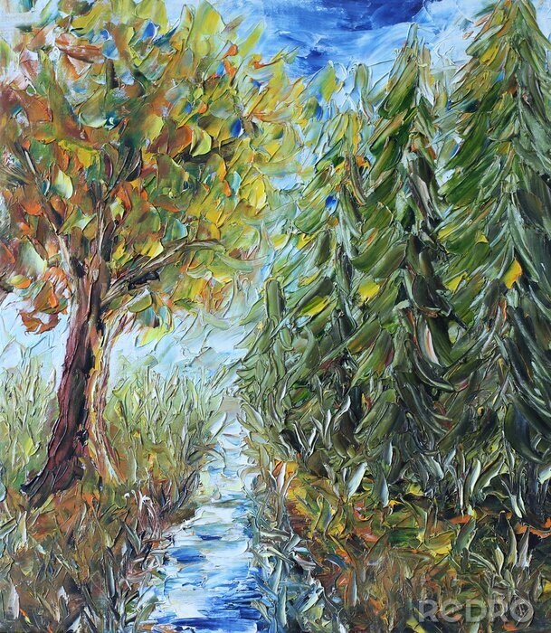 Fotobehang pad door het bos, olieverfschilderij