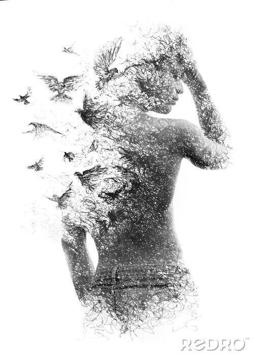 Fotobehang Paintography. Double exposure of a shirtless male model combined with handmade pen drawing of birds flying away and disintegrating, black and white