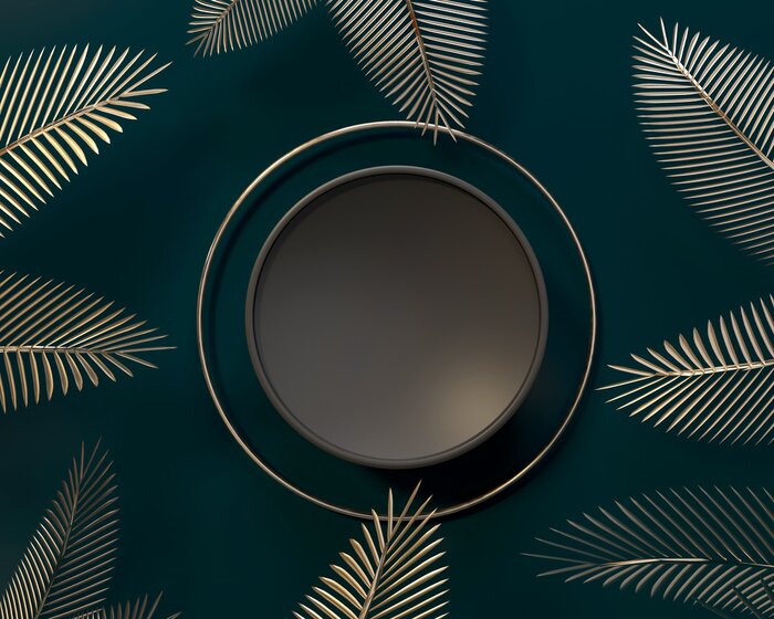 Fotobehang Palm trees leaves. Topical juicy paper cut creative. 3d render illustration. Blank space for brand promotion product. Creative dark background for advertising presentation. Empty base mockup