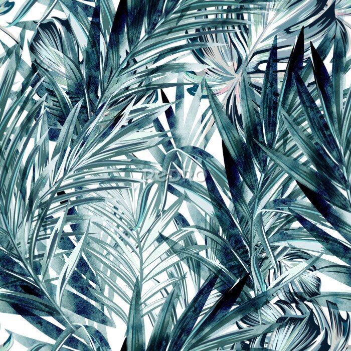 Fotobehang Palmbladeren geschilderd in aquarel op witte achtergrond