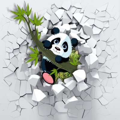 Panda op een tak die door de muur breekt