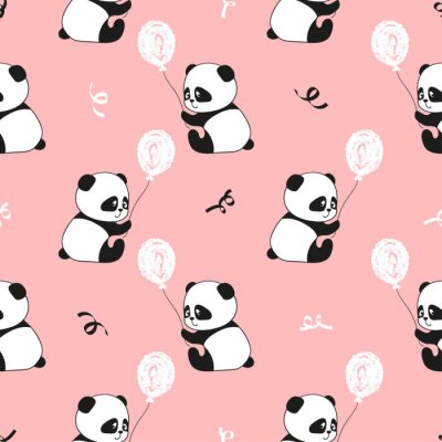 Panda's met een ballon op een roze achtergrond