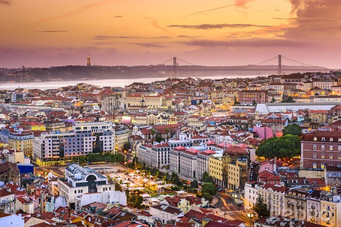 Fotobehang Panorama van Lissabon met de brug