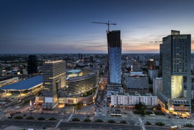 Fotobehang Panorama van Warschau bij nacht