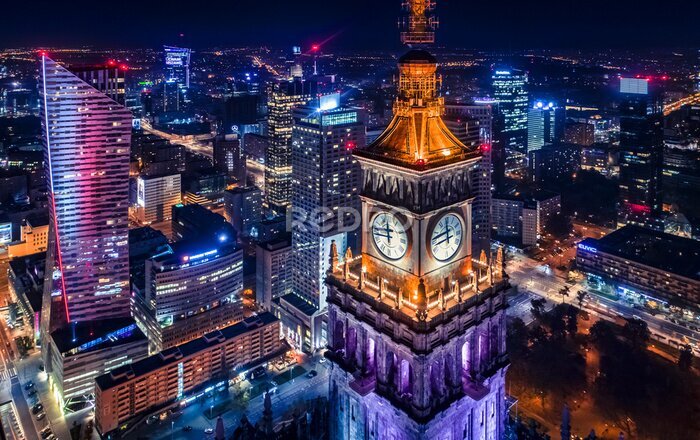 Fotobehang Panorama van Warschau bij nacht, uitzicht van bovenaf