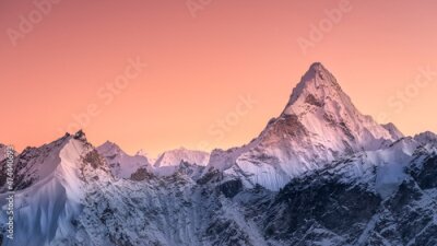 Fotobehang Panoramic view to summit Ama Dablam and snow peaks with beautiful light after sunset in Nepal