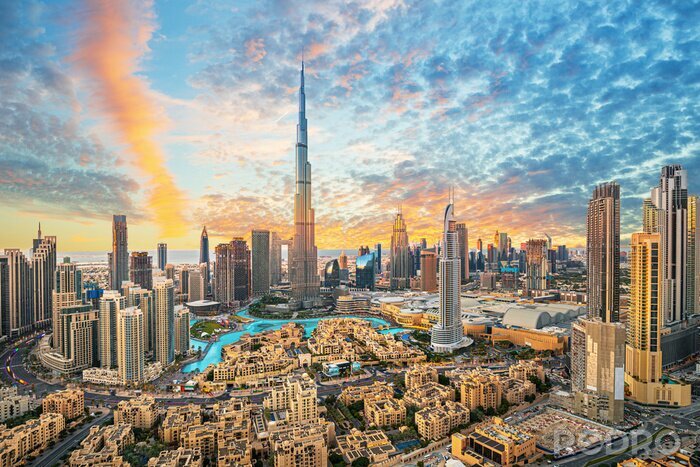 Fotobehang Panoramisch uitzicht op de wolkenkrabbers van Dubai