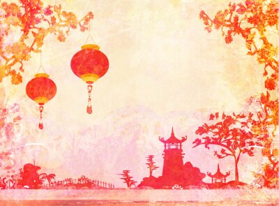 Fotobehang Papieren lantaarns in een oosters landschap