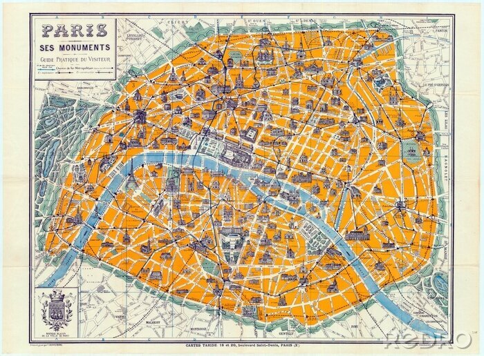 Fotobehang Parijs op de antieke kaart