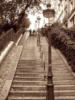 Fotobehang Parijse straat met trappen in sepia