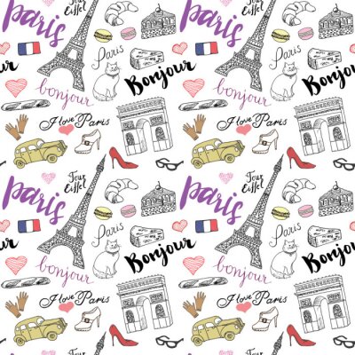 Paris naadloze patroon met de hand getrokken schets elementen - Eiffeltoren triumf boog, mode-items. Tekening doodle vector illustratie, geïsoleerd op wit
