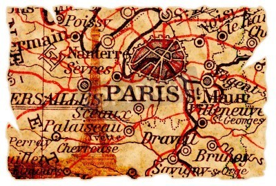 Fotobehang Paris on an old torn map with the eiffel tower, isolated. Part of the old map series.