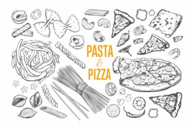 Pasta en pizza set. Italiaans eten. Vector hand getekend geïsoleerde objecten. Schets pictogrammen