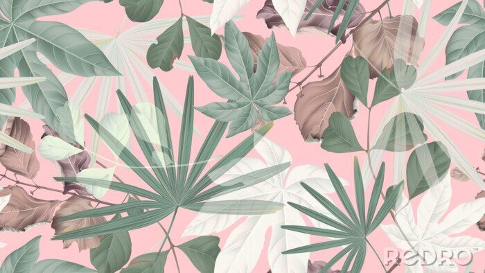 Fotobehang Pastel tropische bladeren op een roze achtergrond