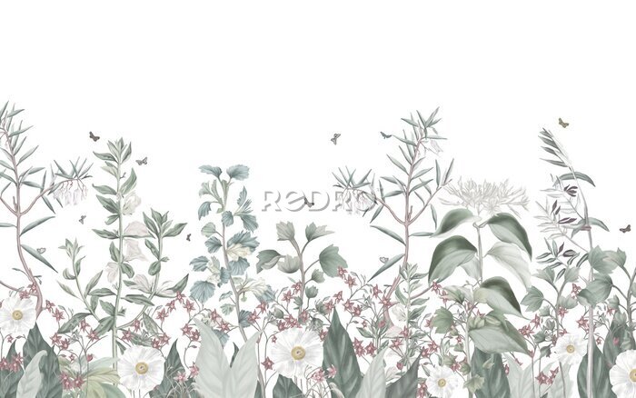 Fotobehang Pastelillustratie van bladeren en vlinders