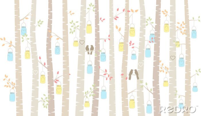 Fotobehang Pastelkleurige berken met lantaarns