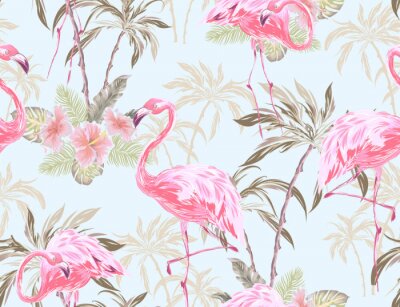 Pastelkleurige flamingo's en tropische planten