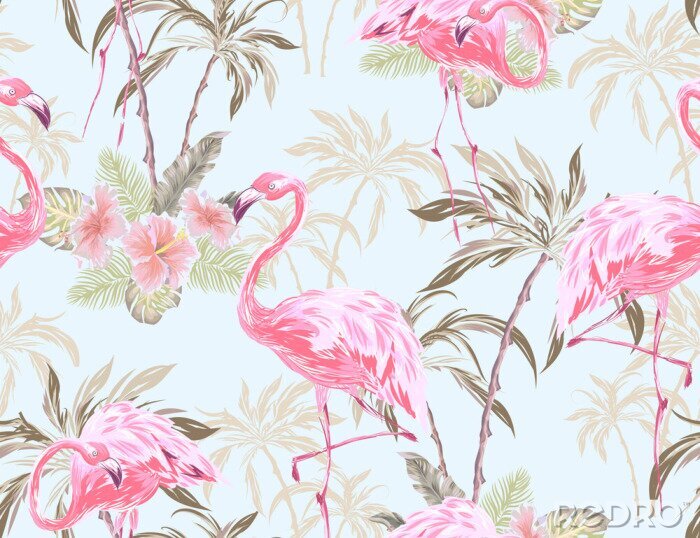 Fotobehang Pastelkleurige flamingo's en tropische planten