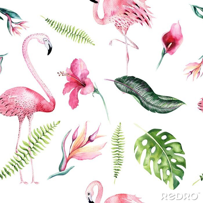 Fotobehang Patroon in bloemen en bladeren van een enkele flamingo