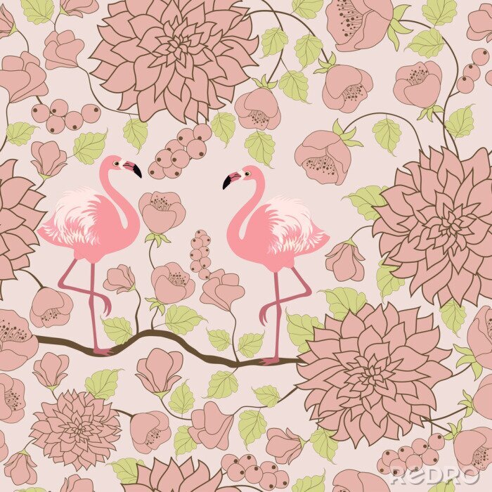 Fotobehang Patroon in roze tint met vogels