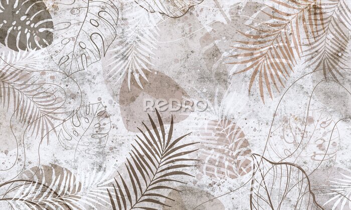 Fotobehang Patroon met bladeren op een betonnen muur