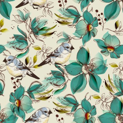 Patroon met geschilderde vogels en turquoise bloemen